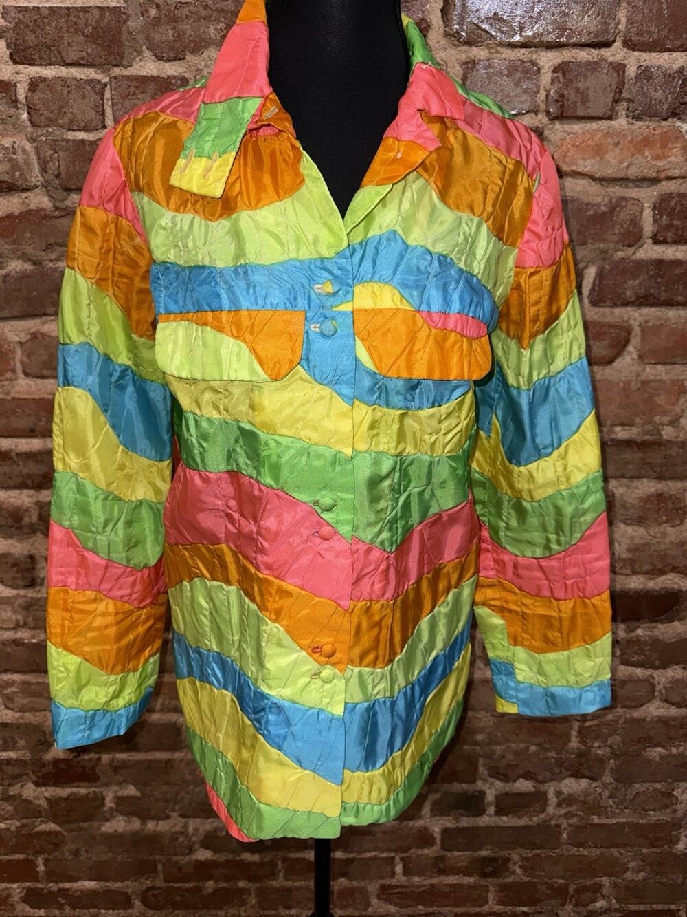 Vintage 80s Handmade Satin Patchwork Jacket Art to Wear Rainbow Wavy Stripe Sz M